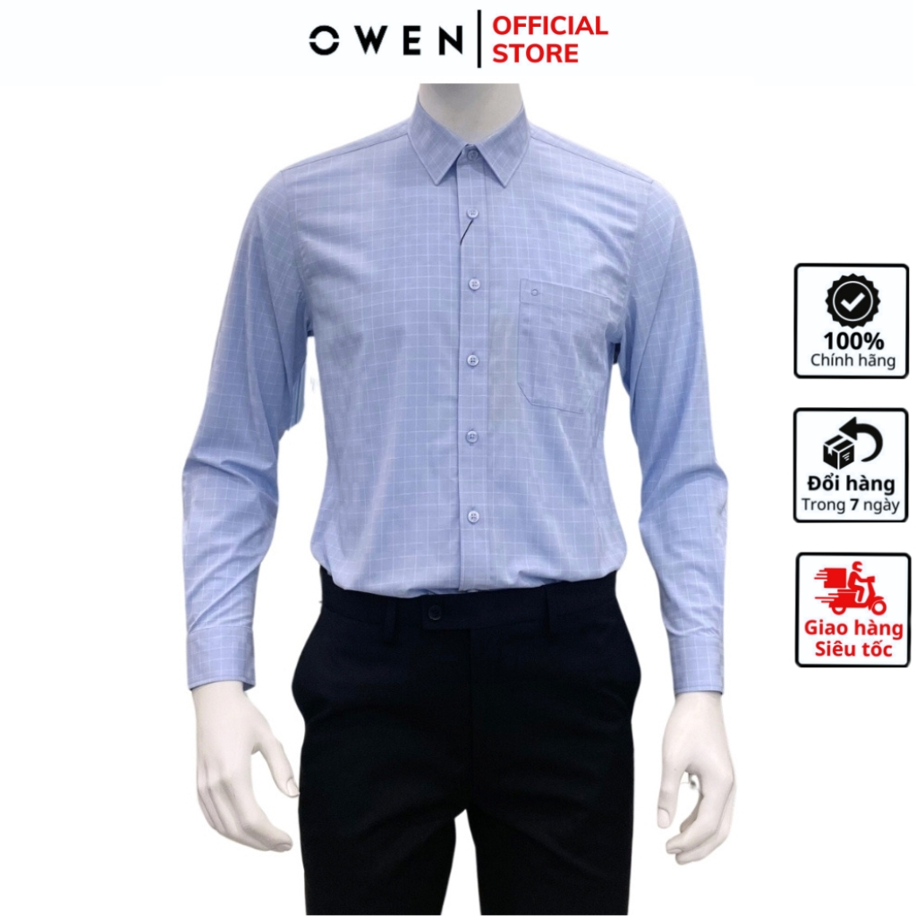 Áo sơ mi dài tay nam OWEN AR230693DT somi công sở chất sợi tre cao cấp màu kẻ caro xanh trắng regular fit tà lượn có túi