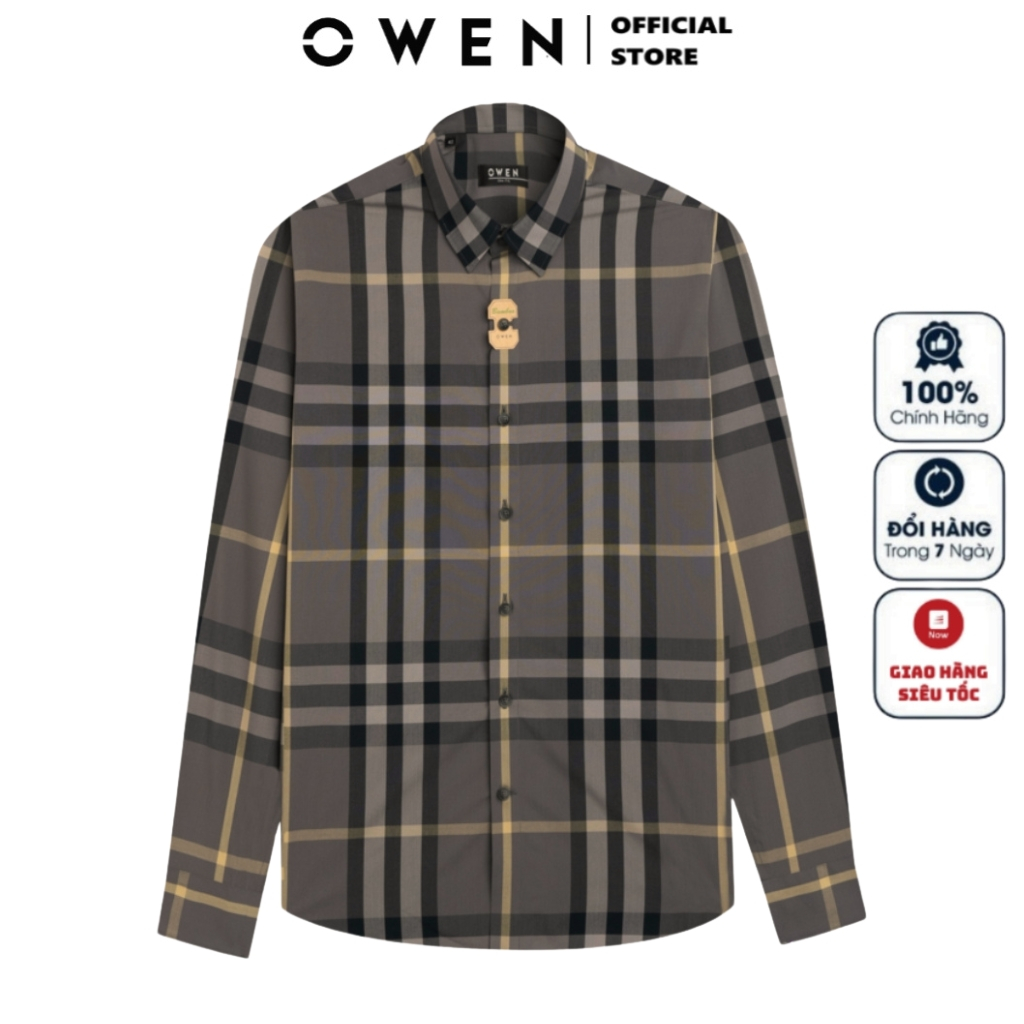 Áo sơ mi dài tay nam OWEN AS230699D công sở chất sợi tre cao cấp màu kẻ caro xám slim fit tà lượn không túi