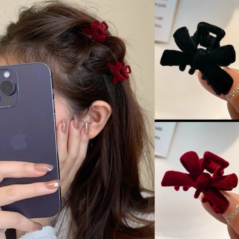 Kẹp tóc nơ nhỏ nhung đen, đỏ phong cách Hàn quốc Loli
