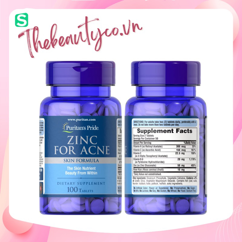 (Bill US) Viên uống bổ sung kẽm Puritan's Pride Zinc for Acne 100 viên