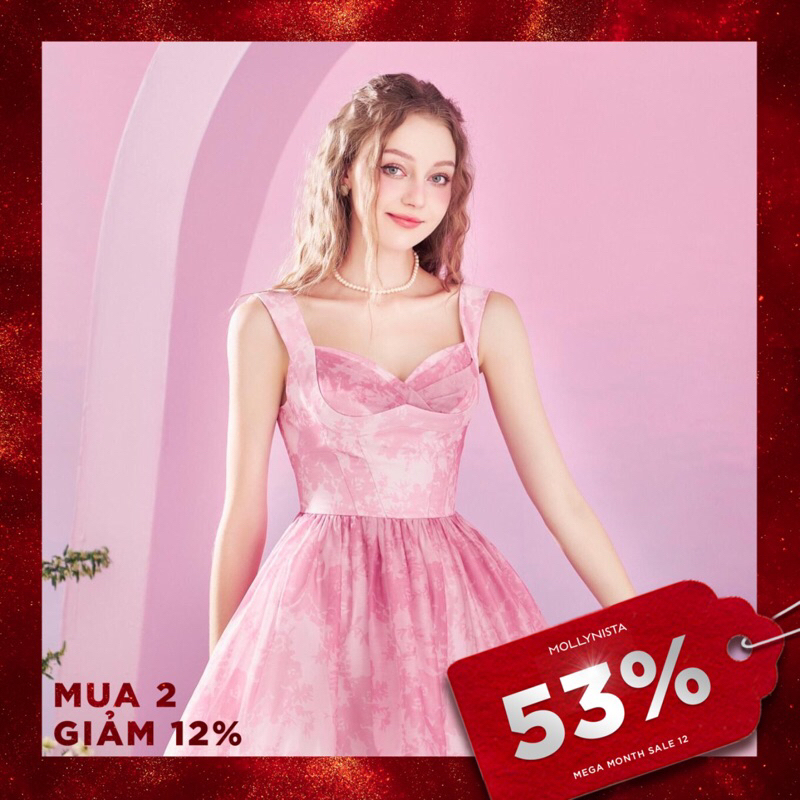 MOLLYNISTA (SALE 53%) Đầm thiết kế hồng organza in hoa xếp cúp quyến rũ nữ tính cao cấp đi chơi đi tiệc gợi cảm