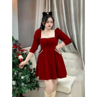 (Bigsize) Đầm nhung tay dài có 2 túi trước kết cườm (60-70kg)