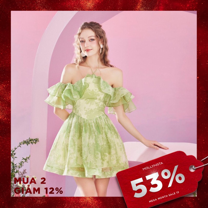 MOLLYNISTA (SALE 53%) Đầm thiết kế organza von tơ in hoa trễ vai bèo thanh lịch nữ tính cao cấp tôn dáng