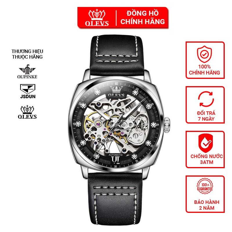 Đồng hồ Olevs automatic nam lộ máy cơ phong cách thể thao hiện đại,Đồng hồ đeo tay dây da nam cao cấp chống nước