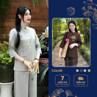  Đồ lam đi chùa Set Đũi Thêu Chữ An Pháp Phục Đồ Đi Lễ Chùa sang trọng dịu dàng - B18 