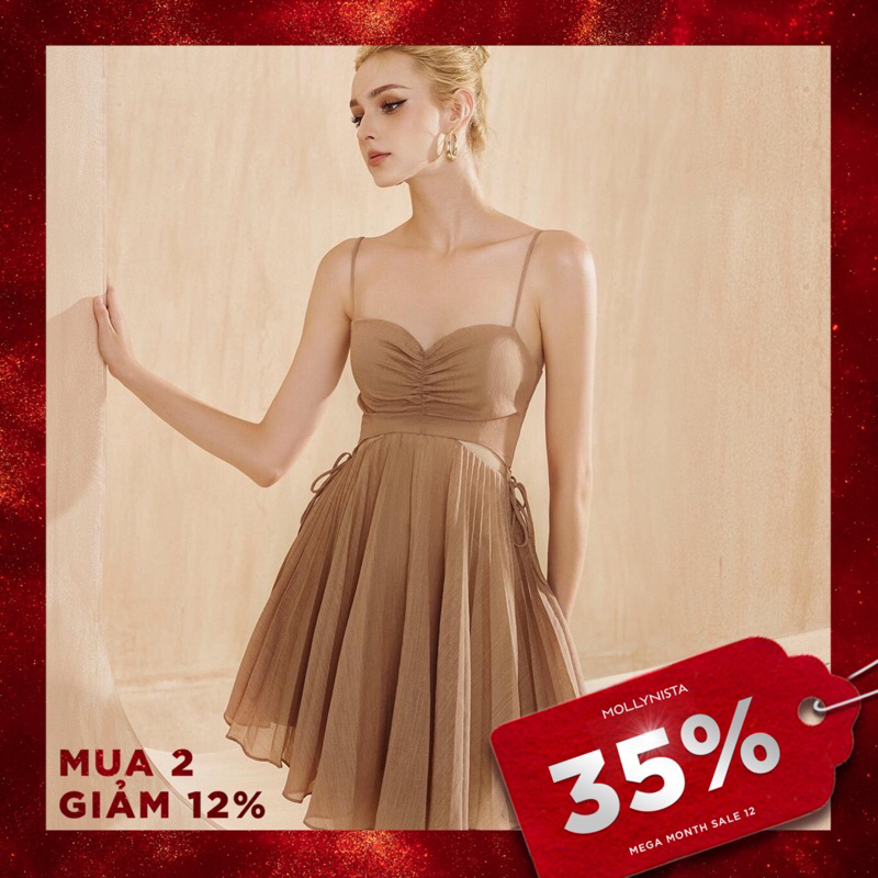 MOLLYNISTA (SALE 35%) Đầm thiết kế cut-out dập ly mờ tùng xoè quyến rũ nữ tính cao cấp đi chơi đi tiệc