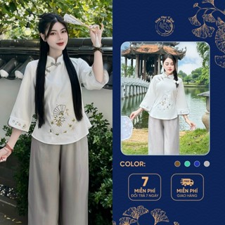  Đồ lam đi chùa nữ bộ pháp phục lễ chùa thêu hình quạt 4 màu pháp phục đồ lễ đi chùa thanh tinh nhẹ nhàng - B11 