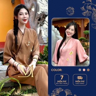  Bộ Pháp Phục Đi Chùa Lụa Trượt Thêu Sen Chuồn - Quần Áo Đi Chùa - Bộ Đồ Lam Đi Chùa Nữ - B07 