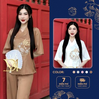 Set lụa trượt thêu chữ hiếu - pháp phục - đồ lễ đi chùa - b04