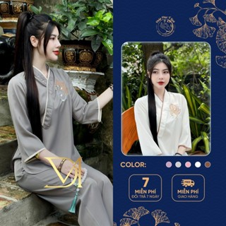  Bộ Pháp Phục Đi Chùa Lụa Trượt Thêu Chữ Tâm - Quần Áo Đi Chùa - Bộ Đồ Lam Nữ - B03 
