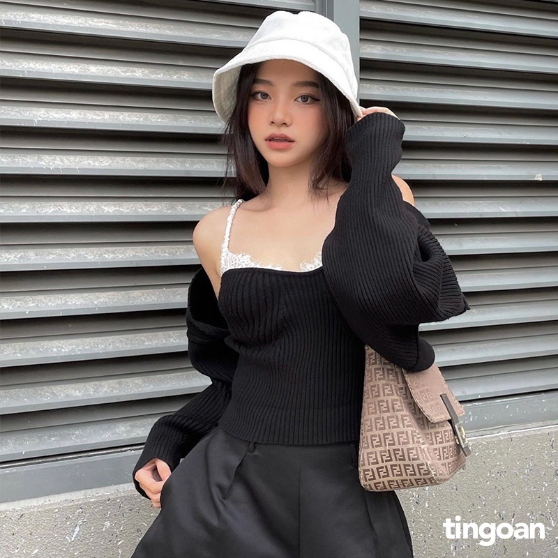 TINGOAN® - Áo cardigan crop top tặng kèm quây len xù đen WAY 2 SEXY SET/BL