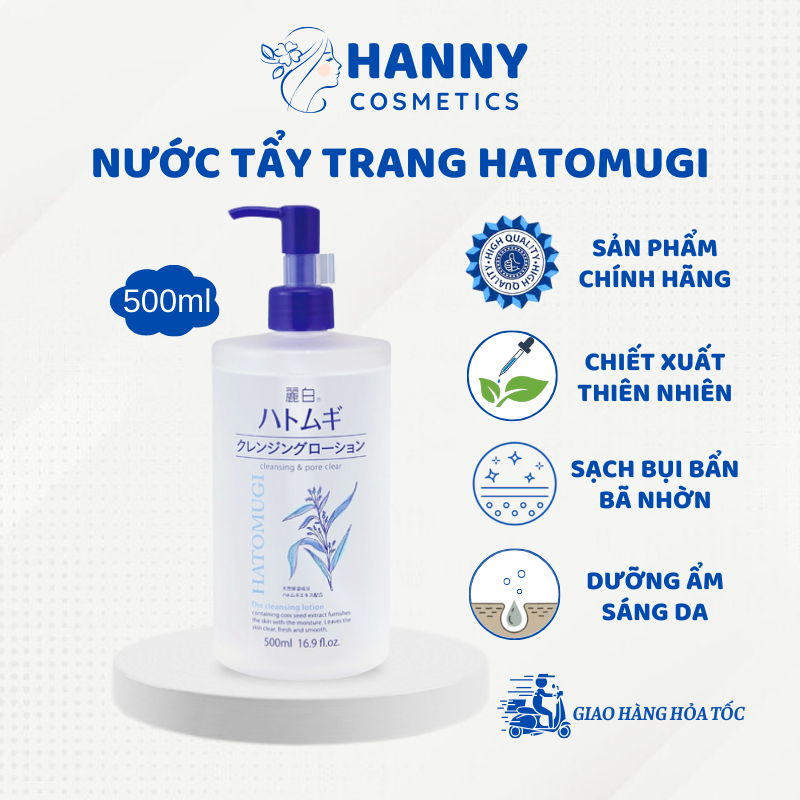 Nước tẩy trang Hatomugi Nhật Bản làm sạch sâu dưỡng ẩm dưỡng trắng chiết xuất Ý dĩ chai 500ml – Hanny
