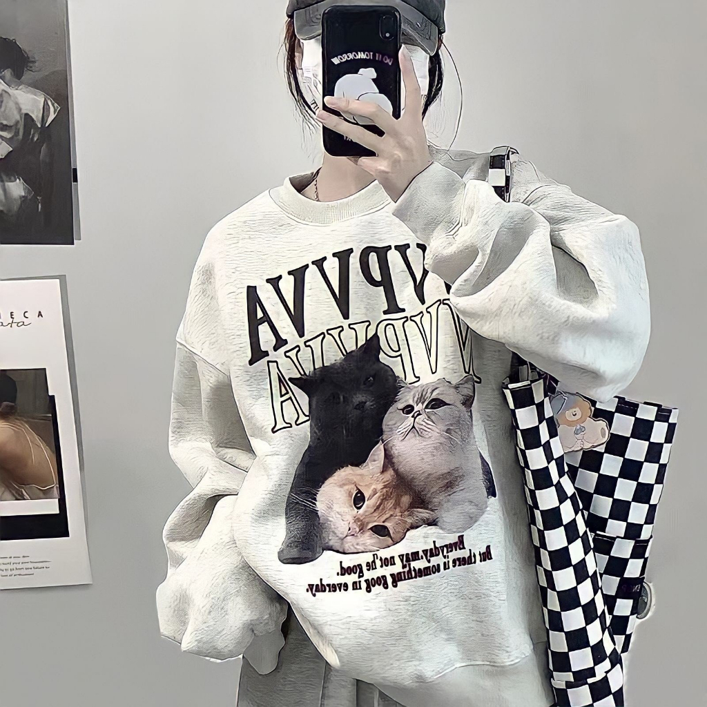 Áo sweater nữ mèo nam unisex form rộng nỉ bông cotton local brand cặp đôi người yêu cổ tròn A208