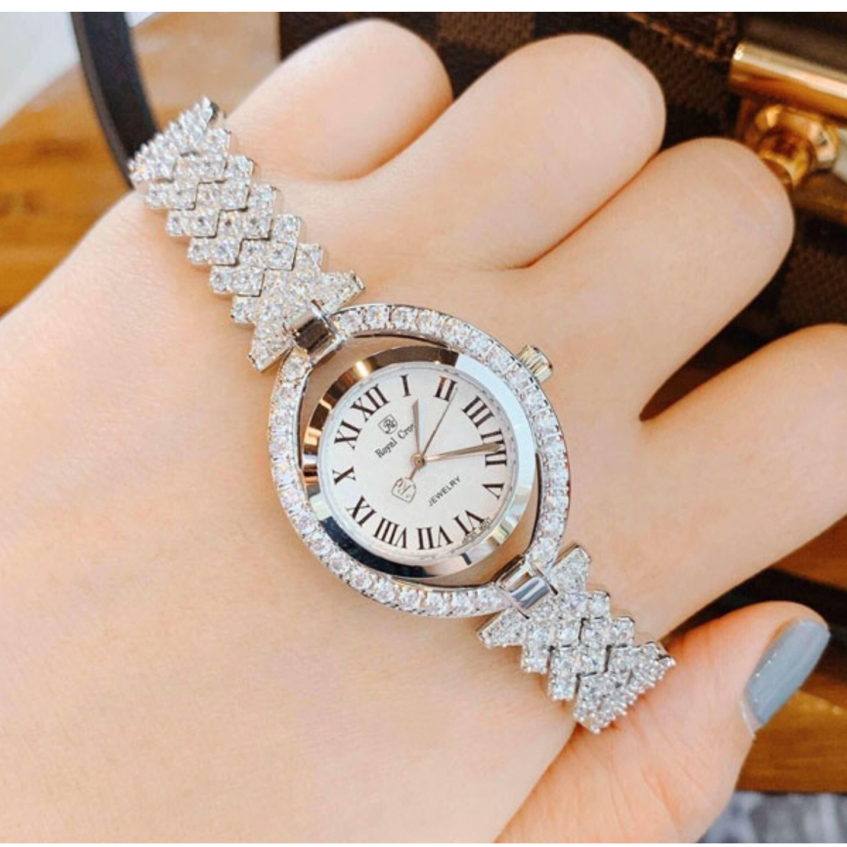Đồng Hồ Nữ Royal Crown JAPAN WATCH Mặt Oval Thiết Kế Dây Kim Loại Đính Đá Quý Cao Cấp Size 26mm.