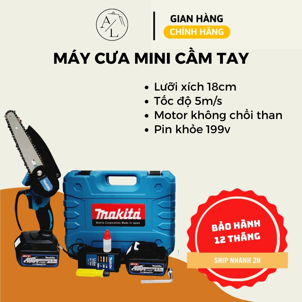 Máy cưa xích Makita 199V, máy cưa xích cầm tay mini makita Lam xích dài 18cm , lõi đồng 100%
