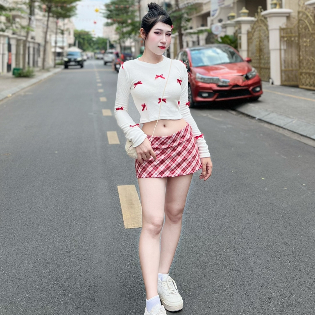 Áo Croptop Lông Tay Dài Đính Nơ PINKSTORE29 Kiểu Xinh Xắn, Dễ Thương A5980