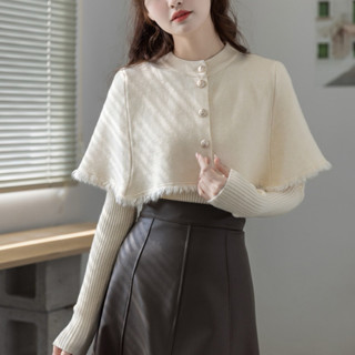 Sét áo len nữ dài tay cổ tim mix áo choàng ngoài cài khuy tua rua lửng hàng len dệt kim QC