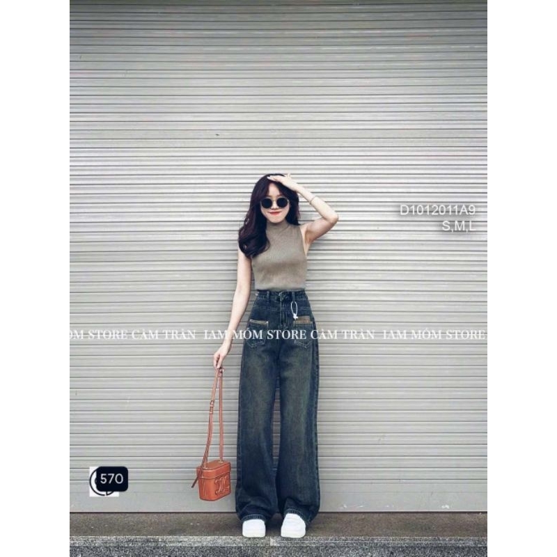 Quần jean lưng cao form dài trơn phối hai túi kiểu trước ống suông!