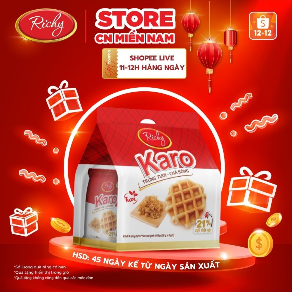 Bánh trứng tươi - chà bông KARO Richy Sợi thịt gà bịch 6 chiếc 156gr