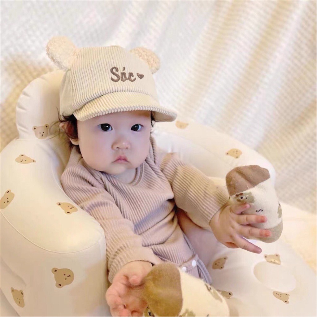 MUP 165: Mũ lưỡi chai nhung tăm tai gấu - thêu tên cho bé SMX