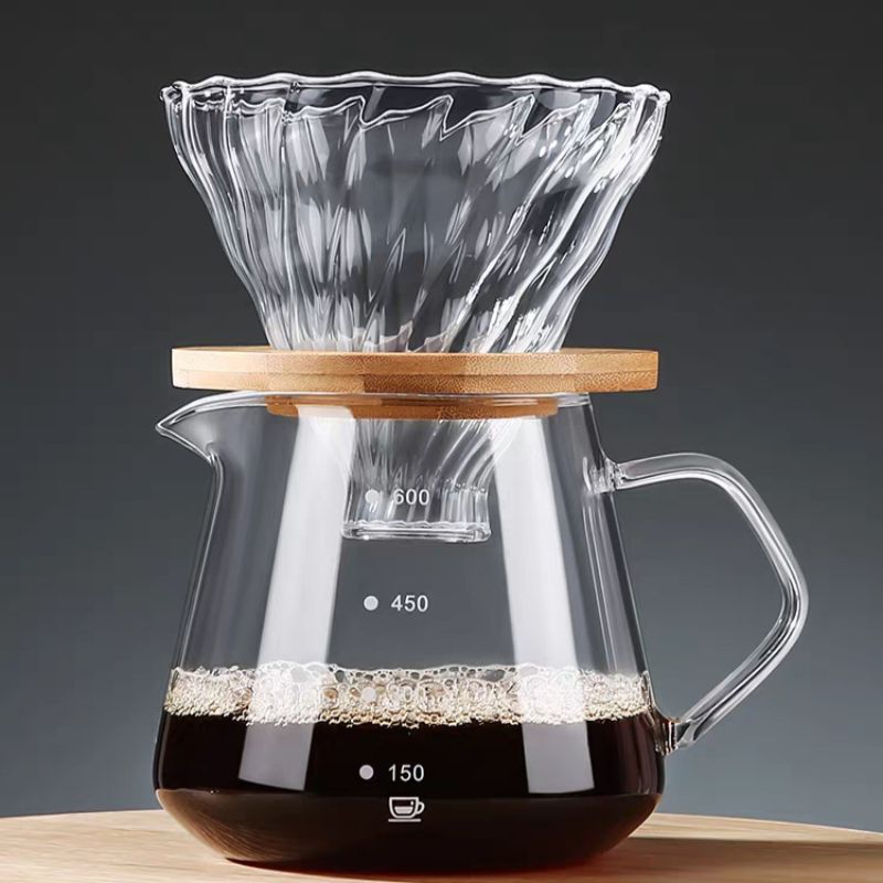 Bộ Bình và Phễu Thủy Tinh Pha Cà Phê Bằng Giấy Lọc, Giá Đỡ Phễu Bằng Gỗ Tròn 300 ML - 600ML