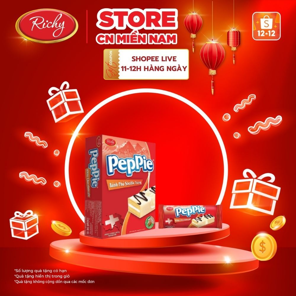 Bánh Peppie Richy phủ socola trắng hộp 3 (45g) bánh bông lan kem bơ sữa