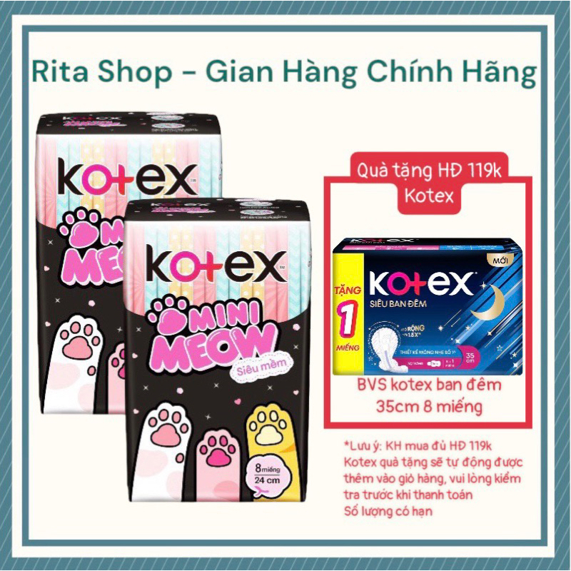 Băng Vệ Sinh Kotex MiniMeow - Siêu Mỏng Cánh 24cm 8 miếng