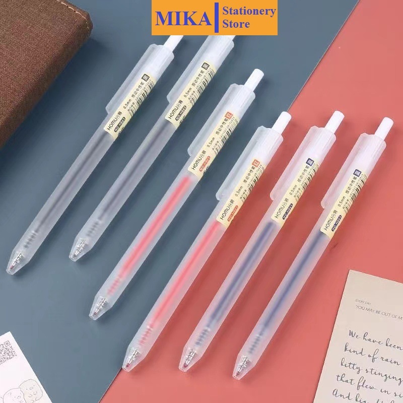Bút Bi Mực Gel B1 Thân Mờ Ngòi 0.5mm 3 Màu Xanh Đen Đỏ Viết Trơn Ra Đều Bấm Nút