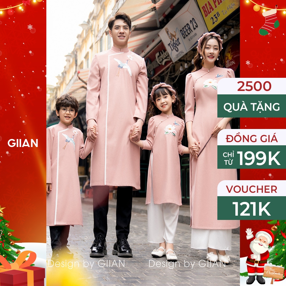 Áo dài gia đình hồng cách tân thêu họa tiết thủ công đính ngọc thiết kế chính hãng Giian - GAD406