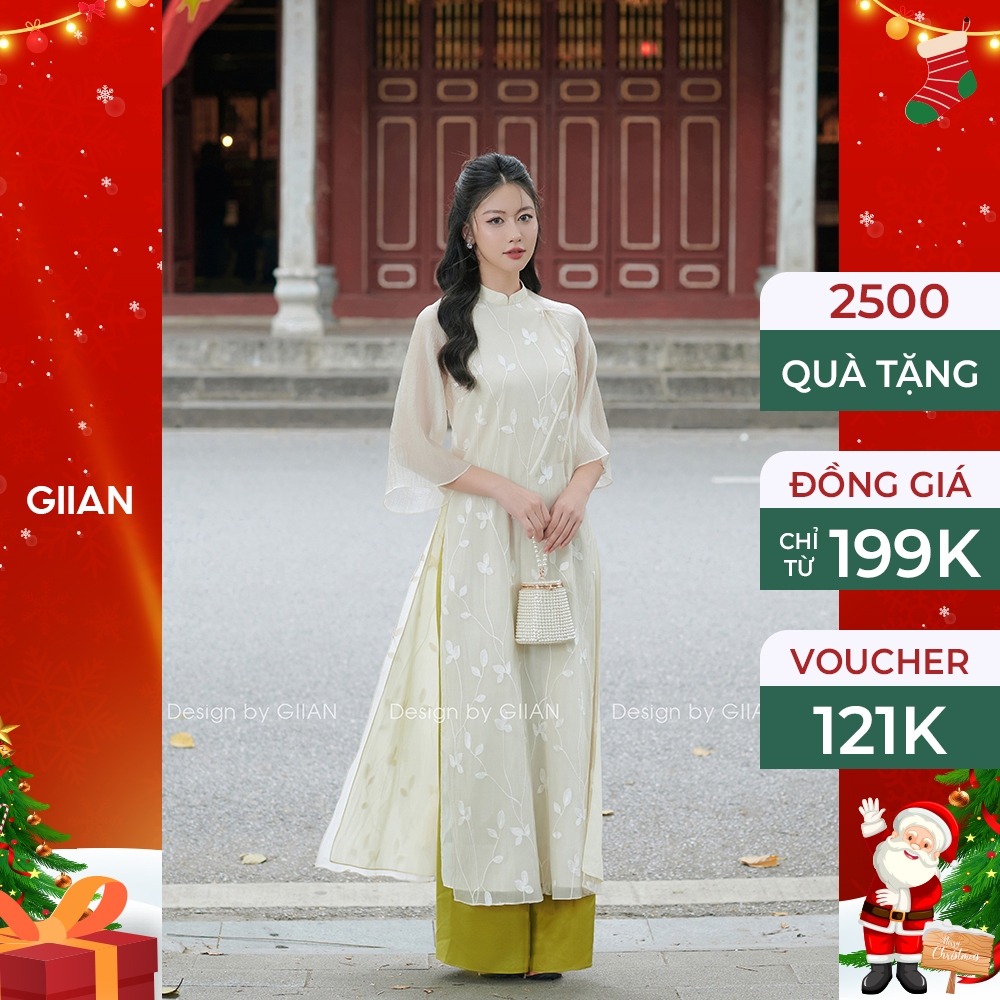 Áo dài cách tân nữ tết thêu hoa Giian thiết kế dáng suông 4 tà cổ tròn đính nơ tay bồng vải tơ mềm cao cấp - AD0462
