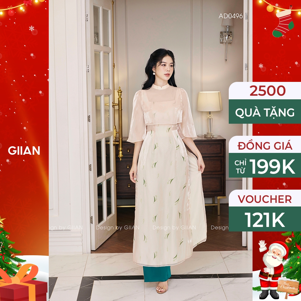 Set áo dài nữ thiết kế tay lỡ, váy dây và áo khoác thắt lưng sau chính hãng Giian - AD0496