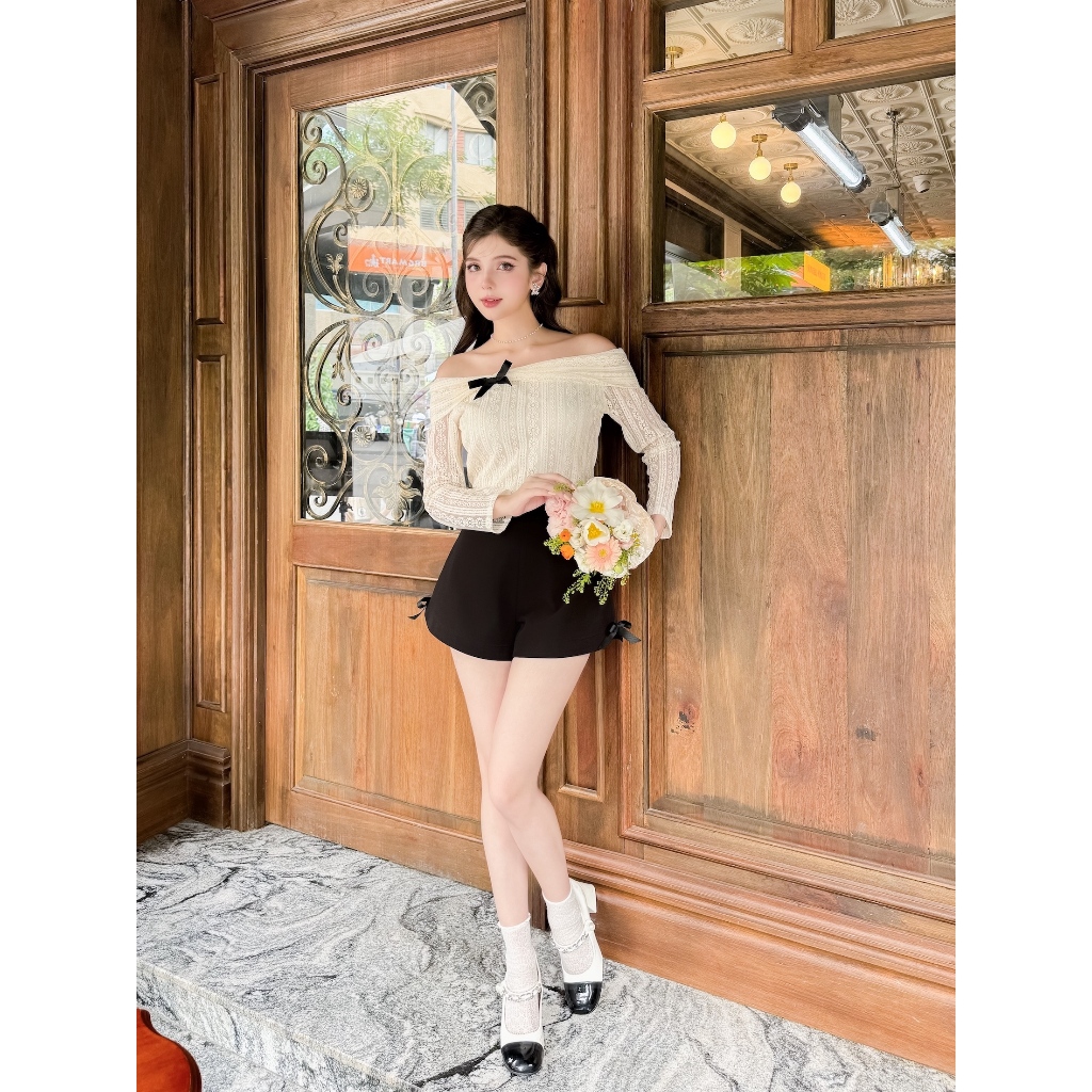 Áo ren mềm trễ vai đính nơ Jian top