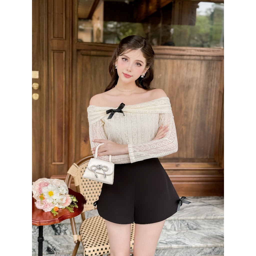 Áo ren mềm trễ vai đính nơ Jian top