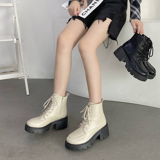 Giày bốt cao gót nữ 6p boot da cao cổ buộc dây có khóa kéo đế răng cưa trơn 2 màu ĐEN KEM hàng loại 1