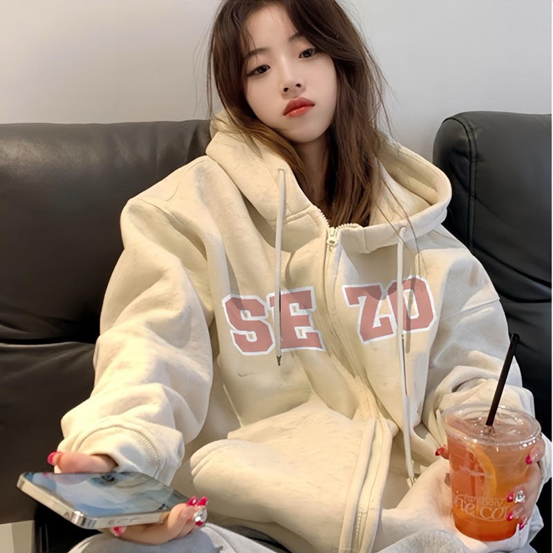 Áo Khoác Hoodie Zip Form Rộng Mũ To Chất Liệu Nỉ Lót Lông SEZO