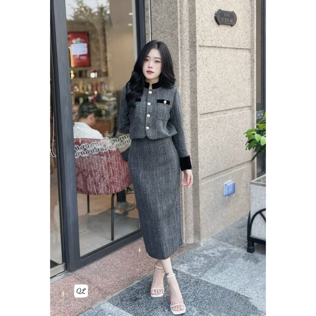Mã S136 sét áo dạ phối nhung kèm chân váy