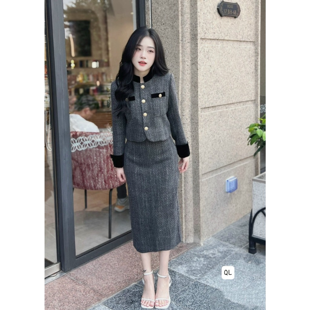 Mã S136 sét áo dạ phối nhung kèm chân váy