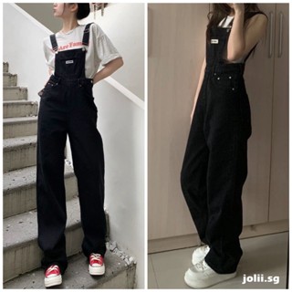 [Hàng sẵn] Quần yếm Jeans nữ JOLII.SG dài trơn ổng rộng màu đen thêu logo basic Hàn Quốc, năng động, thoải mái