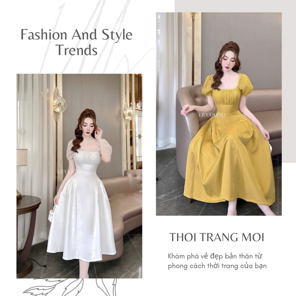 Đầm Nữ Thời Trang Dáng Dài Dự Tiệc, Váy Cổ U Tay Bồng Sang Chảnh