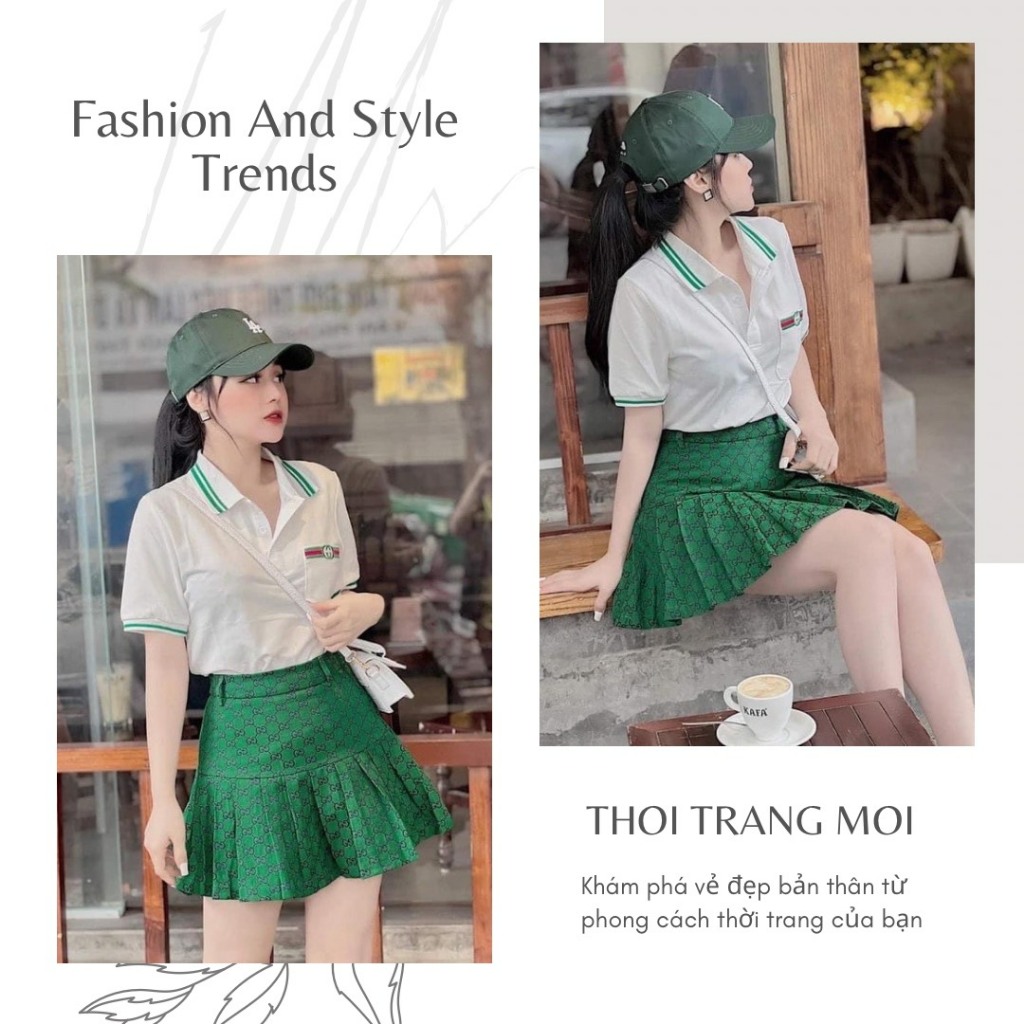 Sét áo polo mix chân váy thô xếp ly