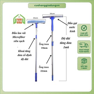 Bộ cây lau kính đa năng tiện dụng 3-1 gồm cây lau inox cán dài 1m6 đầu lau kính siêu sạch-đầu gạt nước kiếng & móc treo