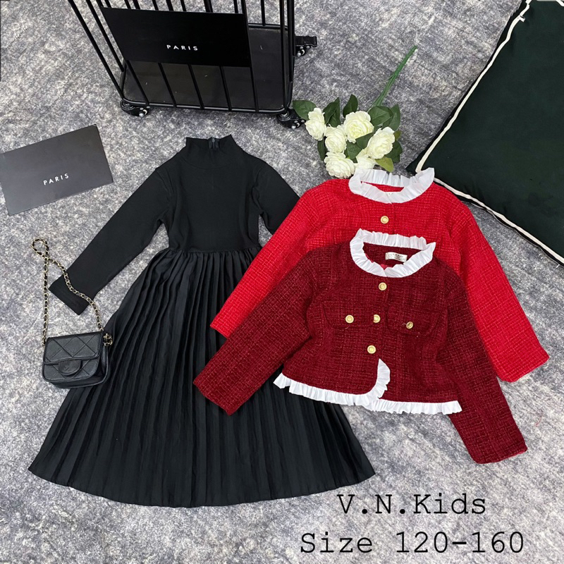 Set váy maxi + áo khoác dạ nhung size đại 19kg-45kg