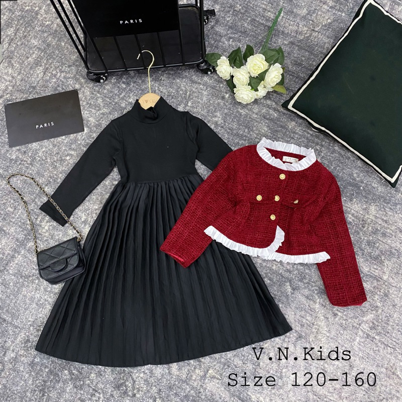 Set váy maxi + áo khoác dạ nhung size đại 19kg-45kg