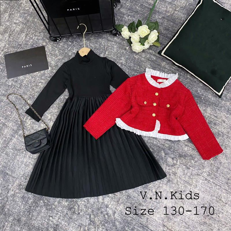 Set váy maxi + áo khoác dạ nhung size đại 19kg-45kg