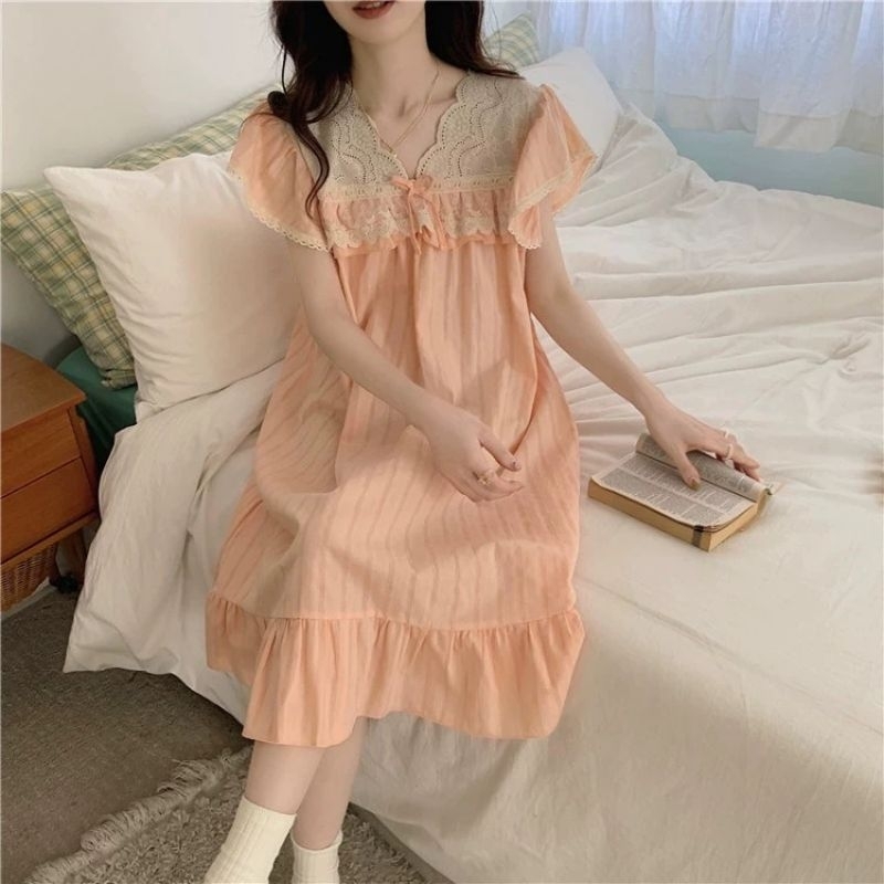 (SẴN VÁY) Set bộ ngắn mặc nhà cam phối ren quảng châu