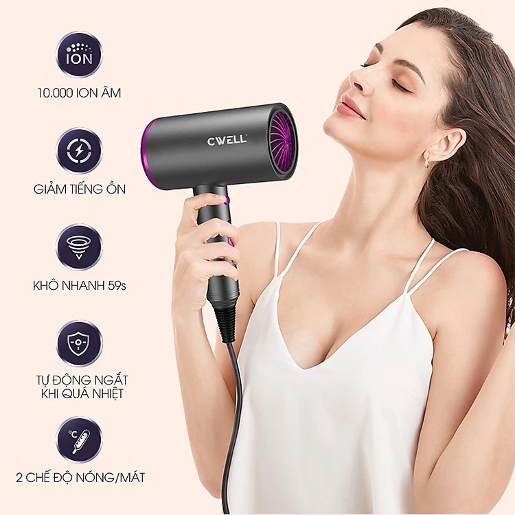 Máy sấy tóc công suất lớn tạo kiểu CWell, máy sấy tóc mini 2 chiều nóng lạnh C02HD 1200W  chính hãng