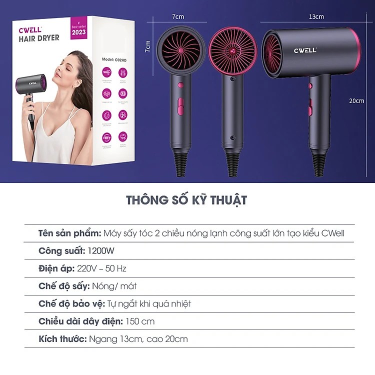 Máy sấy tóc công suất lớn tạo kiểu CWell, máy sấy tóc mini 2 chiều nóng lạnh C02HD 1200W  chính hãng