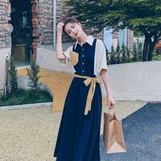 Đầm váy freesize sơ mi xanh phối trắng túi vàng