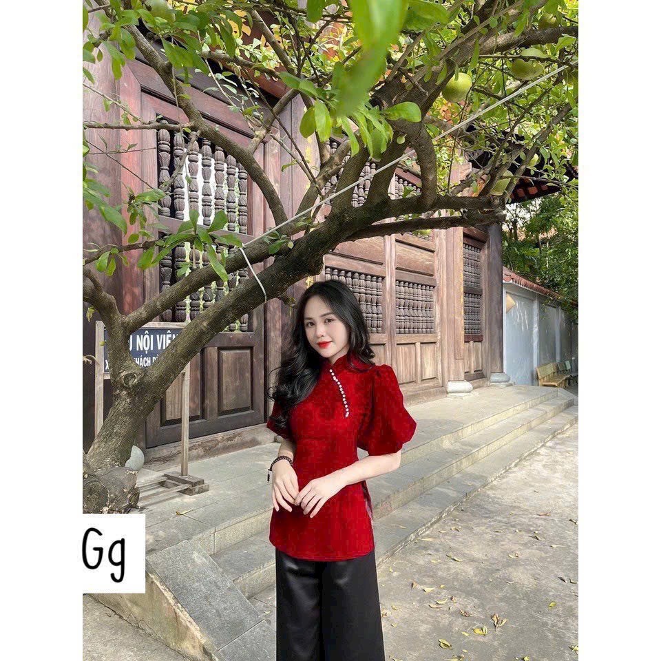 Set đồ lam nữ ,set áo Nhung sườn xám kết ngọc tay phồng, Cổ tàu nhung đỏ kèm quần đen dành cho nàng diện TẾT,đi lễ chùa