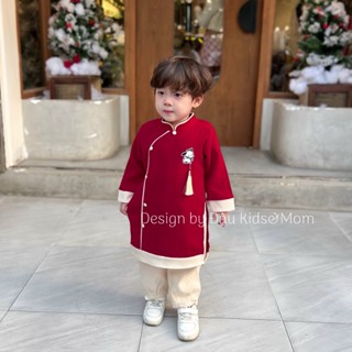 Áo Dài Tết Cho Bé Trai - Áo Dài Đỏ Quần Be Chất Nhung Tăm Cho Bé Trai- Đậu Kids&Mom